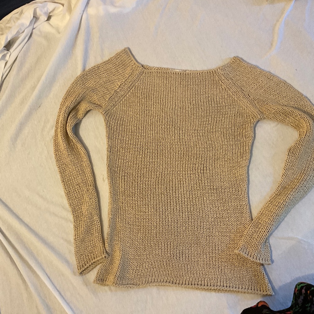 Lovely golden knit open neck/ off the shoulder style sweater